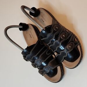 Clarks Shoes Womens 6.5M Laurieann Dee Slip On Slide Strap Sandals Brown Leather